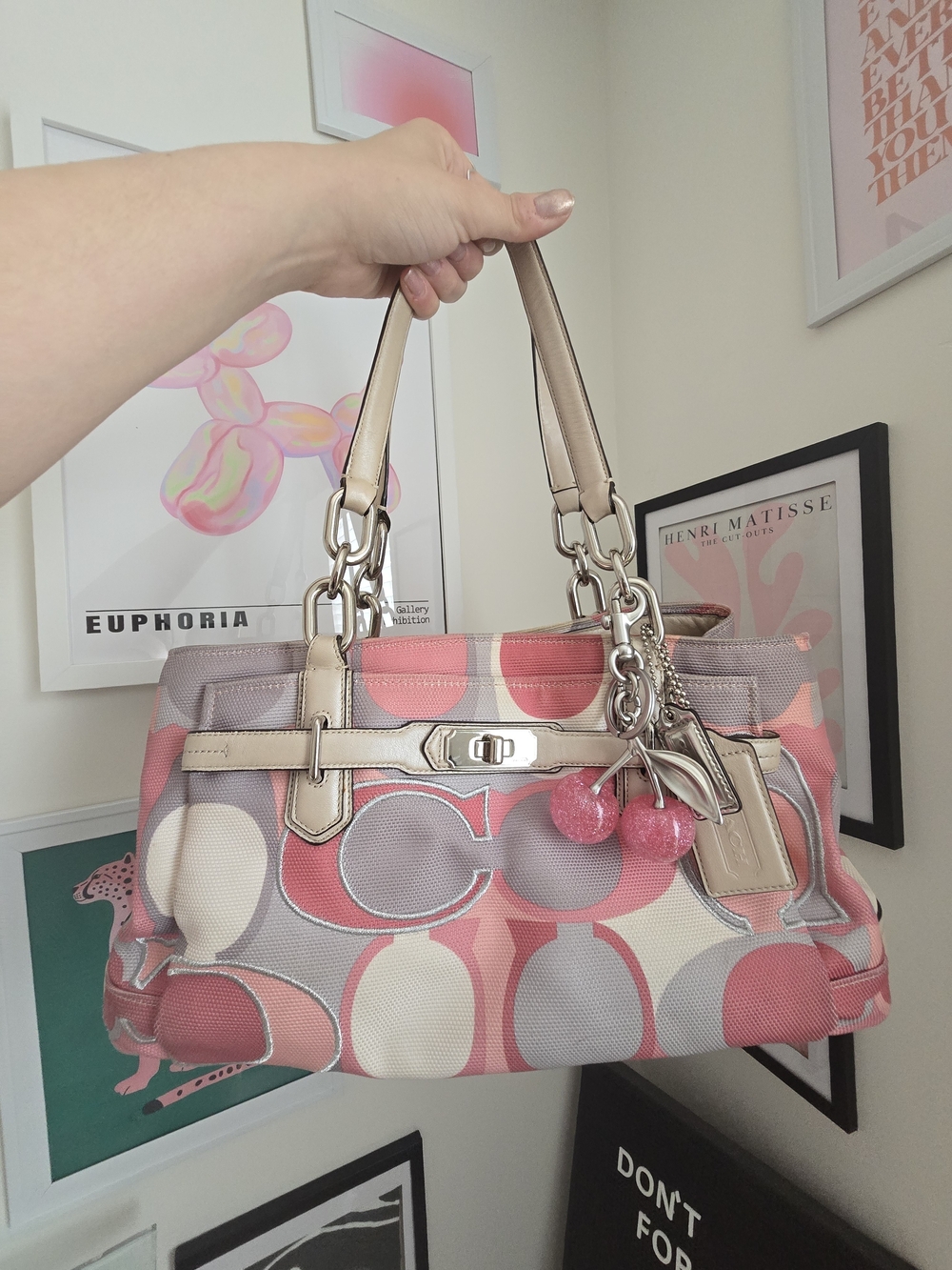 Pink Coach Y2k Scarf Print Purse W/Cherry Charm - Rare